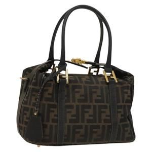 FENDI Zucca Canvas Hand Bag Canvas Leather Brown Black gold Auth 130358